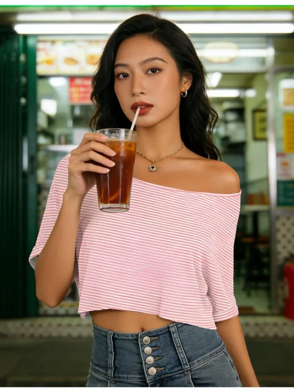 Womens Pink White Striped Short Sleeve Off The Shoulder Boat Neck Loose Crop Top